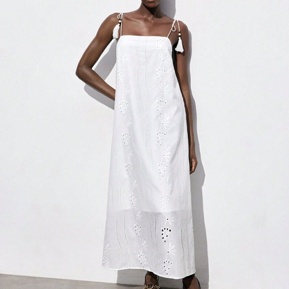 White Casual Women's Cotton Embroidered Long Spaghetti Strap Tassel Beach Dress